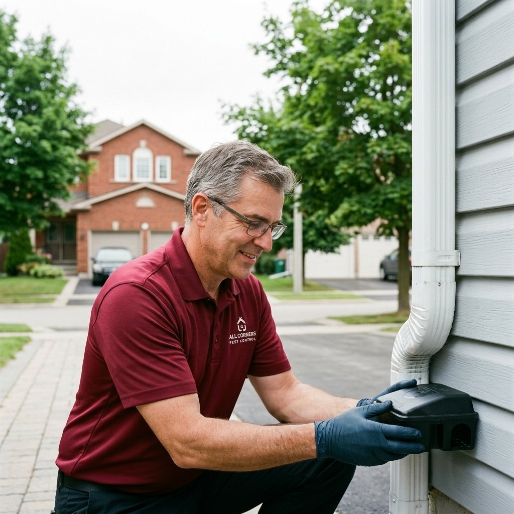 An All Corners technician placing a tamper-proof bait station