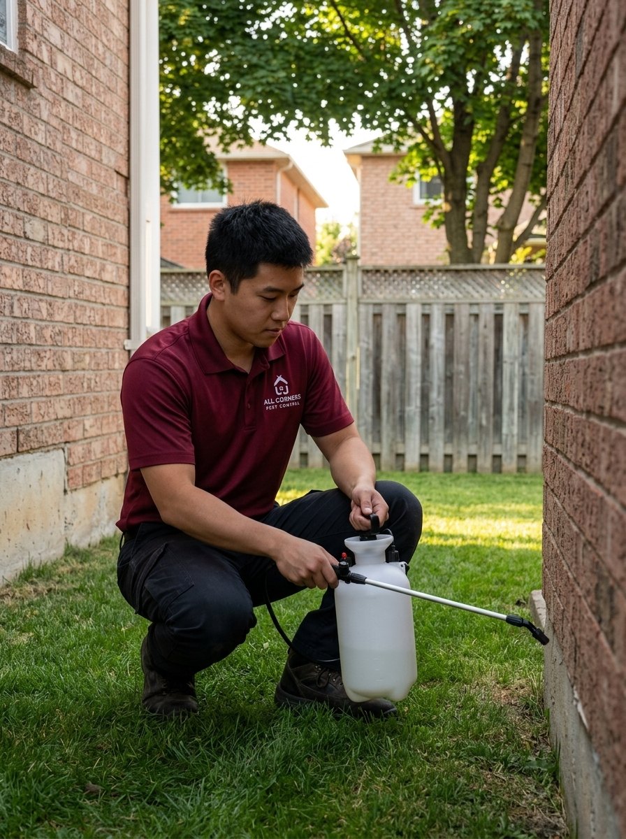 An All Corners technician treating the exterior of a building